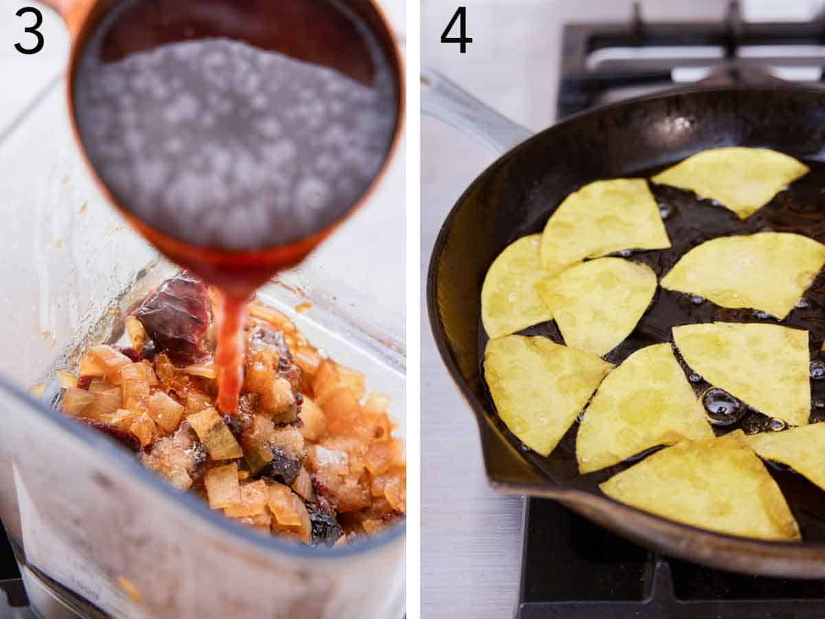 Set of two photos showing the chile mixture added to a blender and tortillas fried in a cast iron skillet.