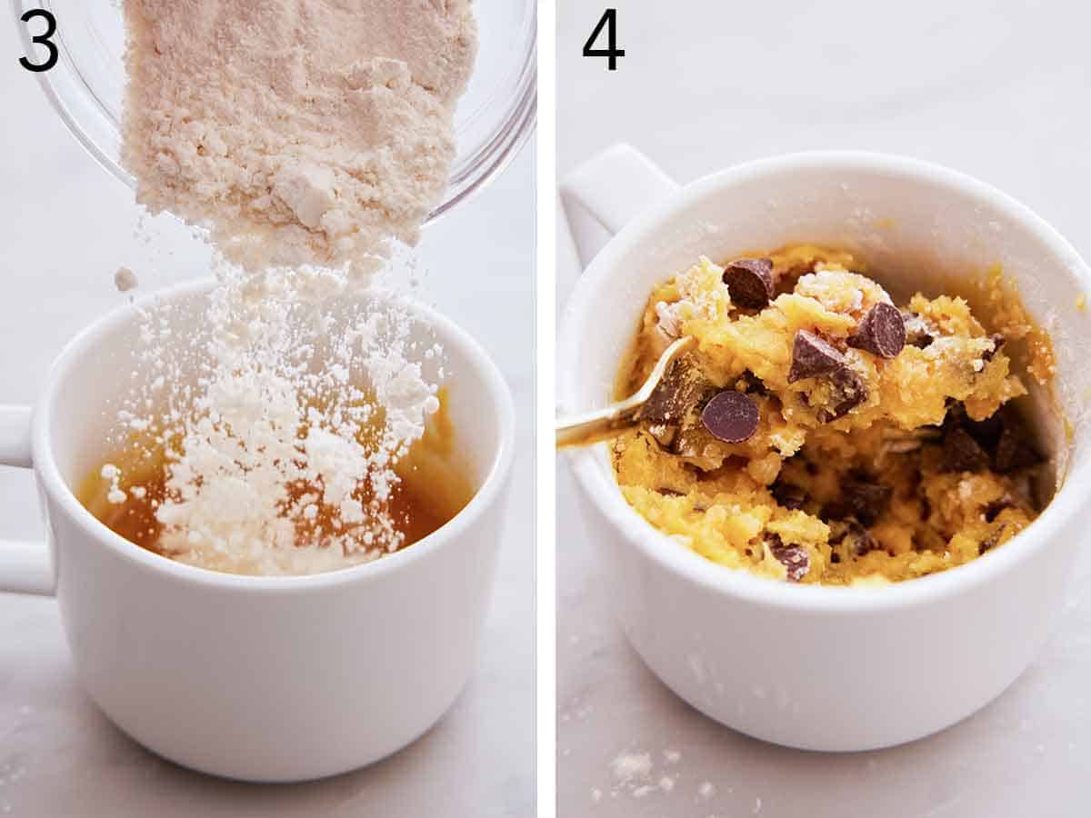 Set of two photos showing flour added to the mug and a spoon scooping out the cooked cookie.