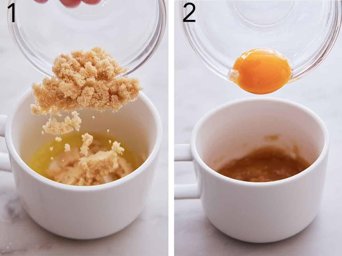 Set of two photos showing sugar and egg yolk added to a mug.