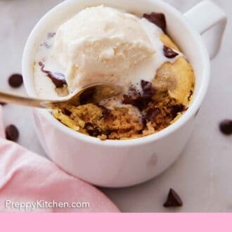 Pinterest graphic of a scoop of ice cream on top of a cookie in a mug with a spoon tucked in.