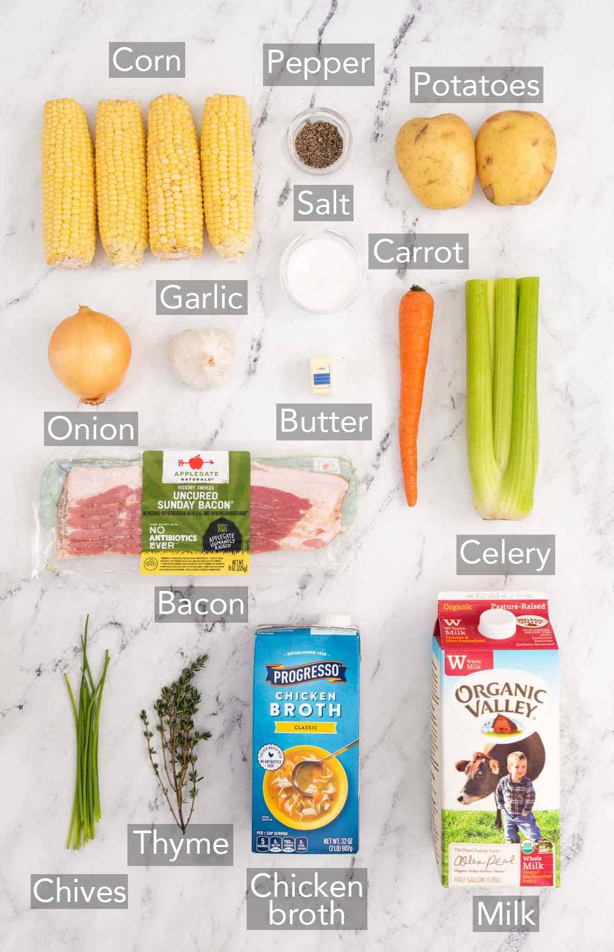 Ingredients needed to make corn chowder.