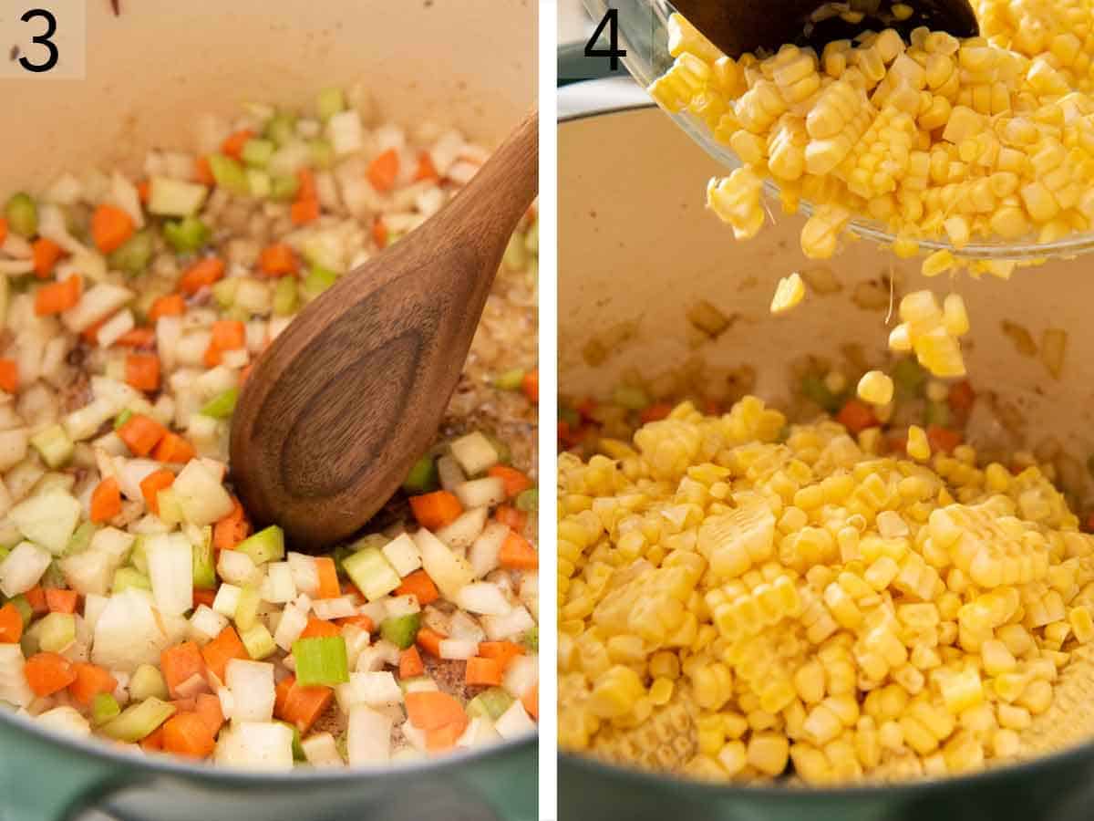 Set of two photos showing mirepoix and corn added to a pot.