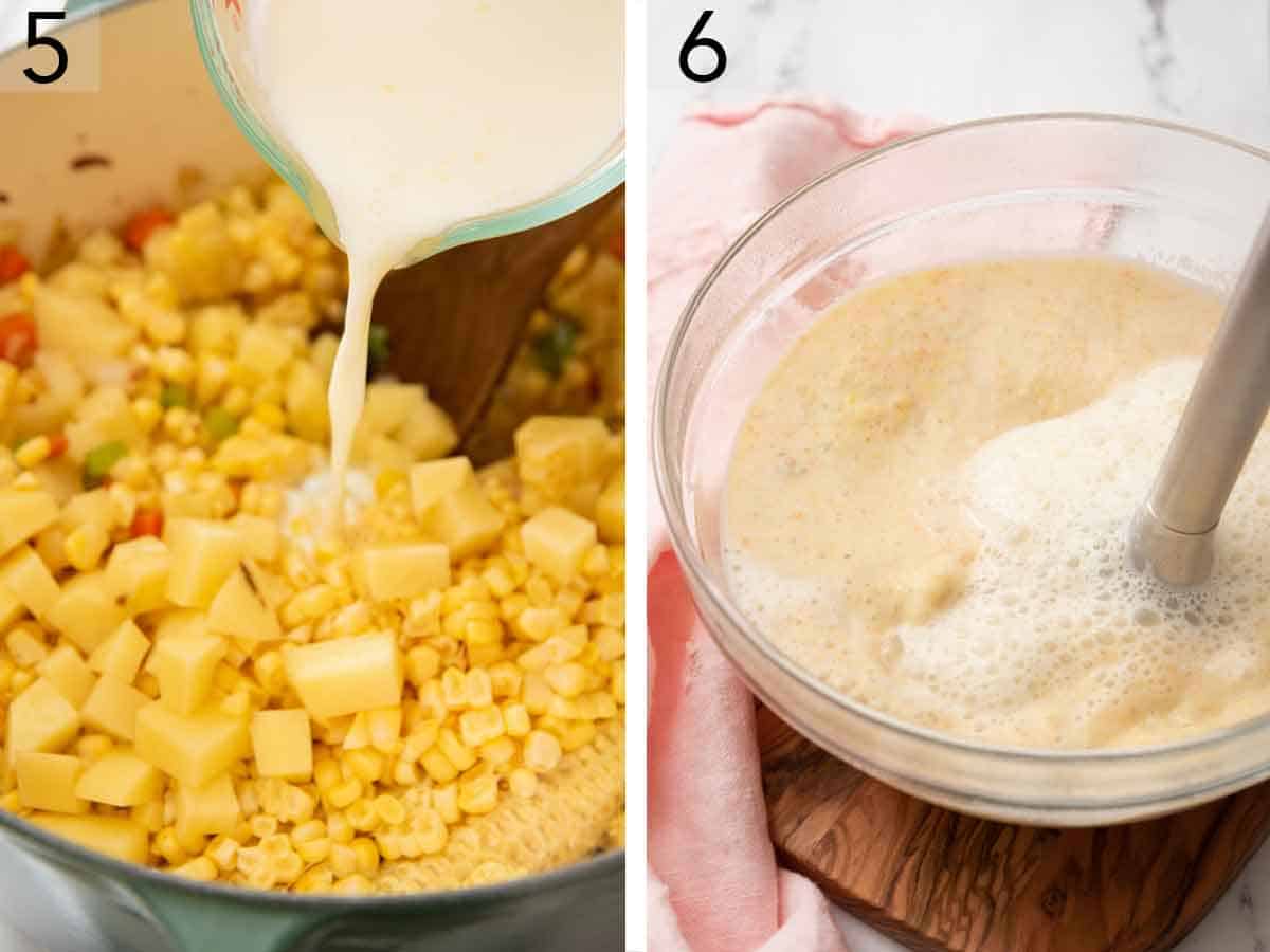Set of two photos showing milk added to the pot and a bowlful blended with a stick blender.