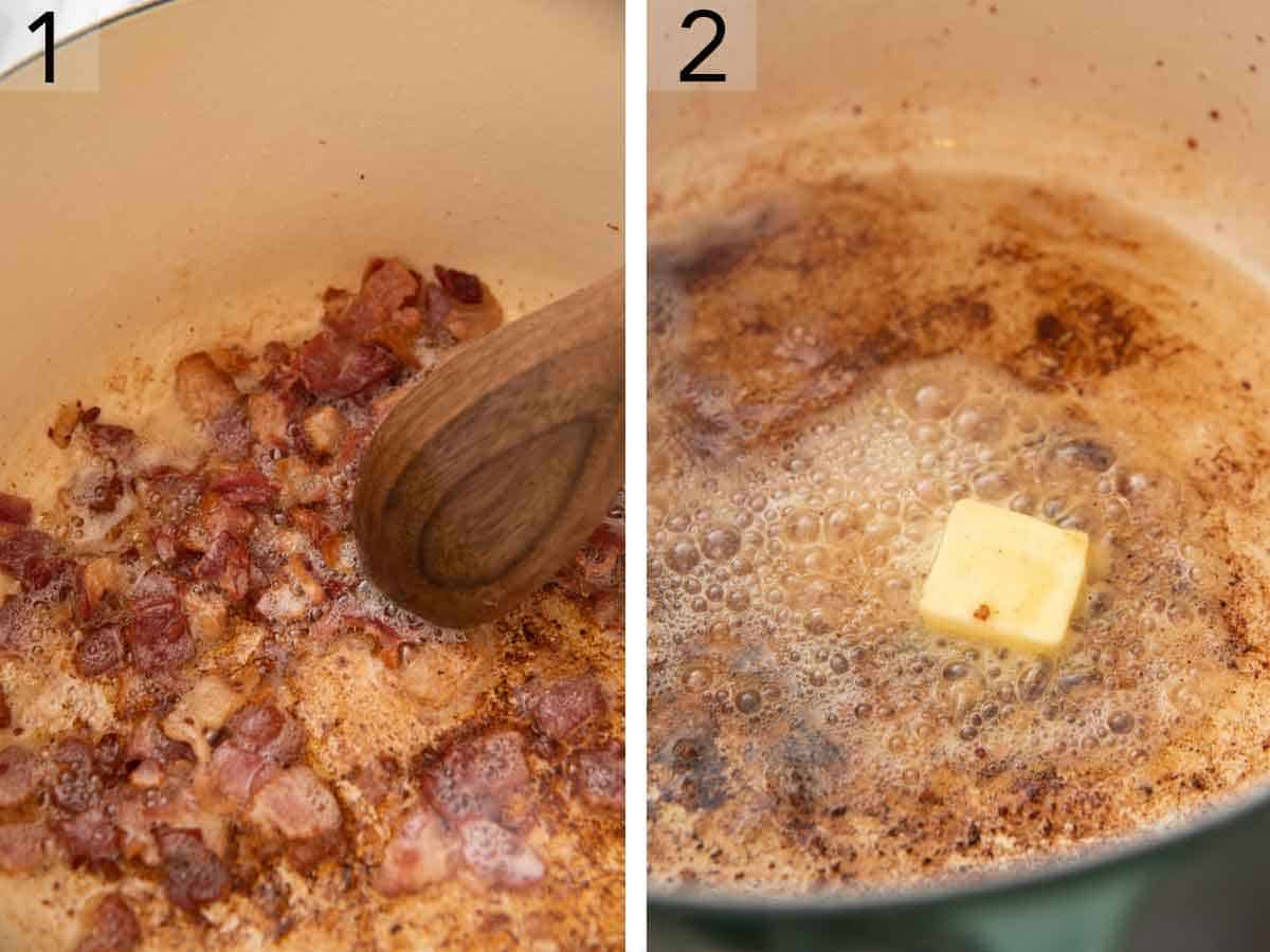 Set of two photos showing bacon bits cooked in a pot then butter melted in the same pot.