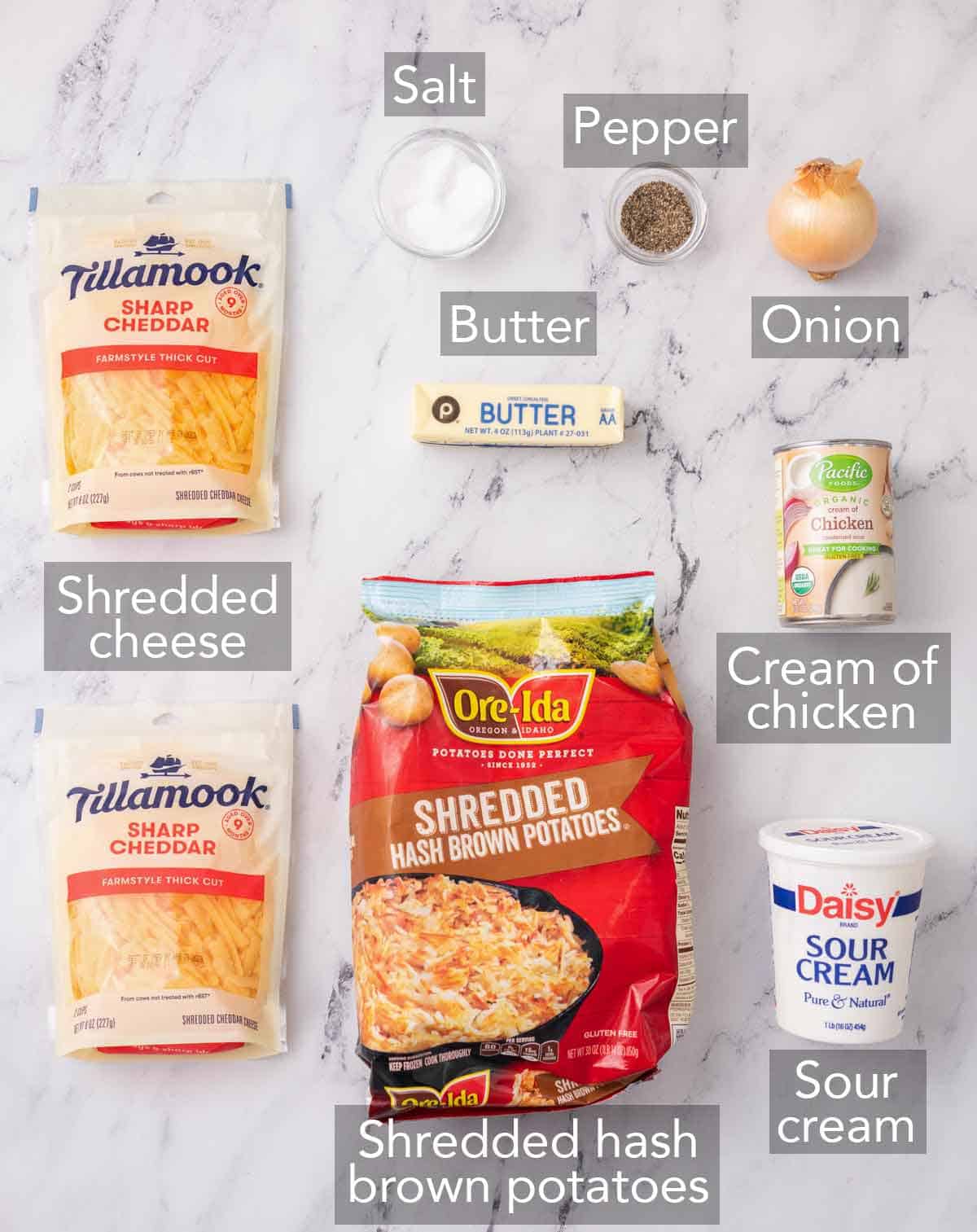 Ingredients needed to make a hashbrown casserole.