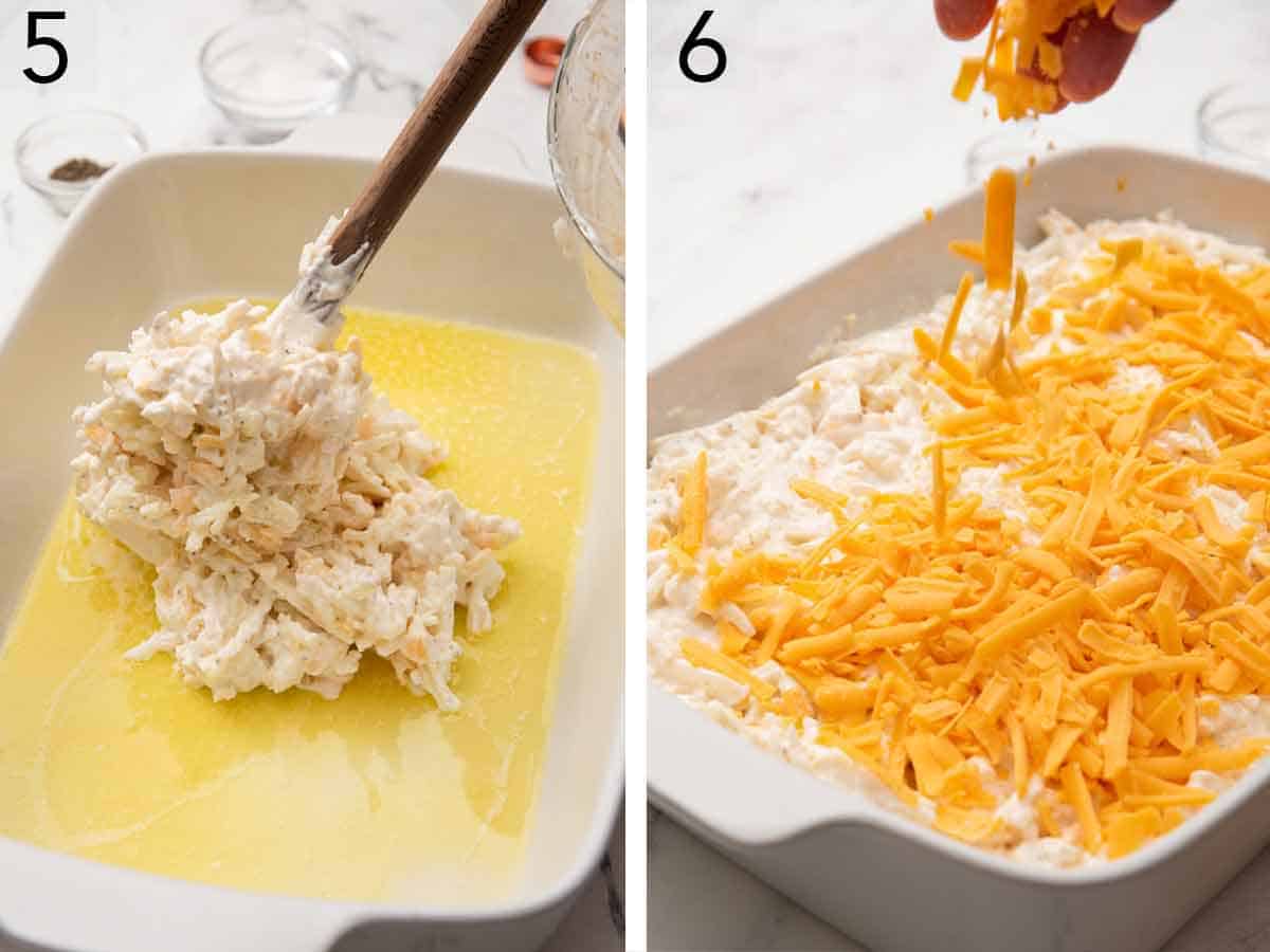 Set of two photos showing hashbrown casserole mixture added to a buttered baking dish and topped with cheese.