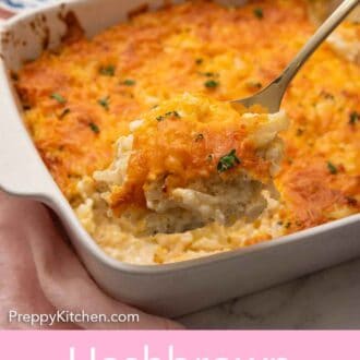 Pinterest graphic of a spoonful of hashbrown casserole lifted from the baking dish.