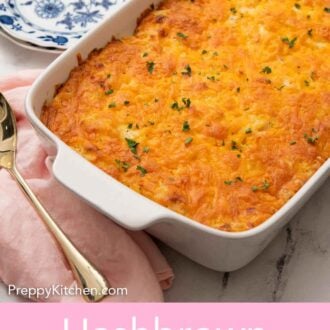 Pinterest graphic of a white baking dish of hashbrown casserole.