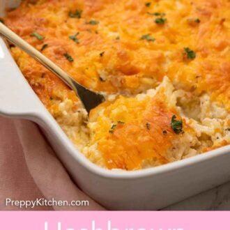 Pinterest graphic of a portion of hashbrown casserole being spooned out of a baking dish.