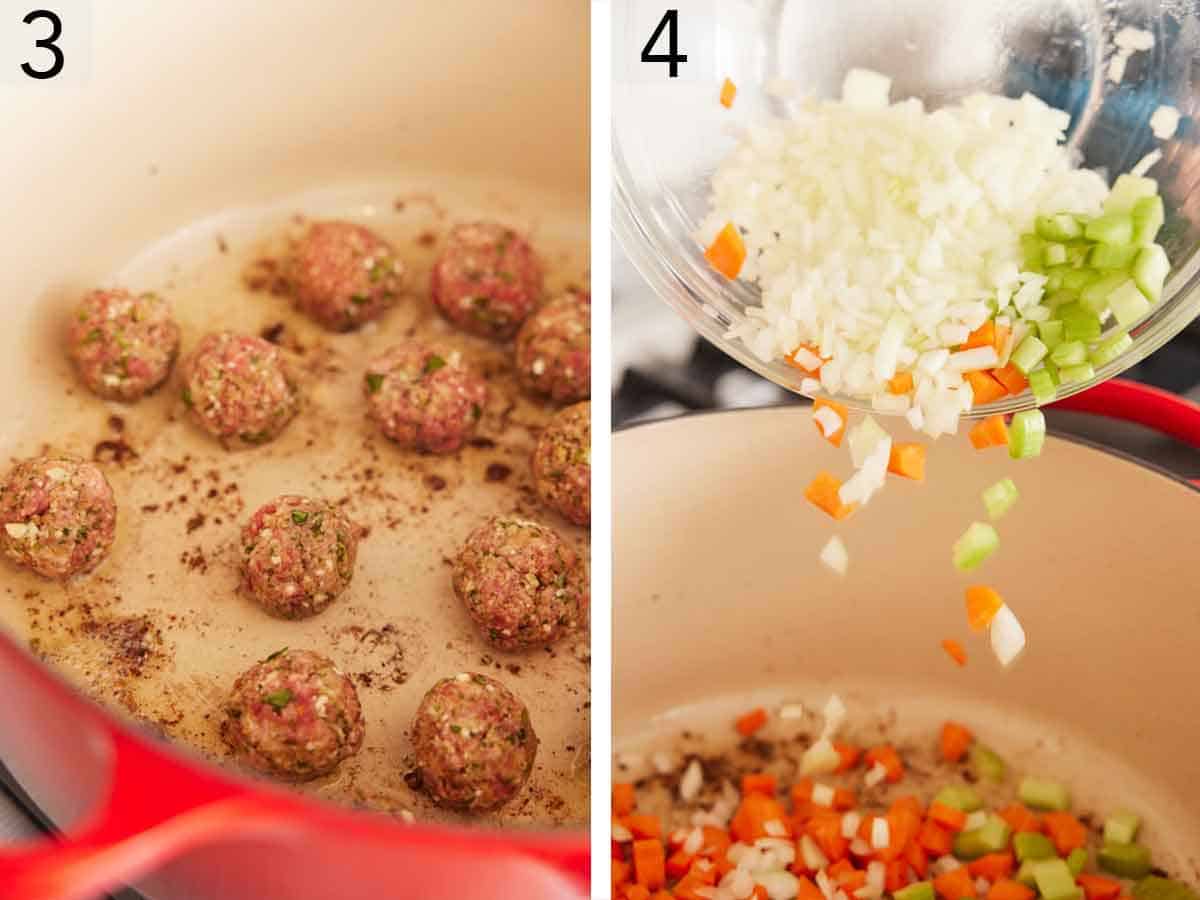 Set of two photos showing meatballs cooked in a pot and removed before adding diced onions, celery, and carrots.