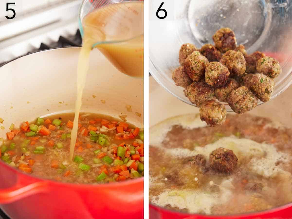 Set of two photos showing broth and meatballs added to a pot.