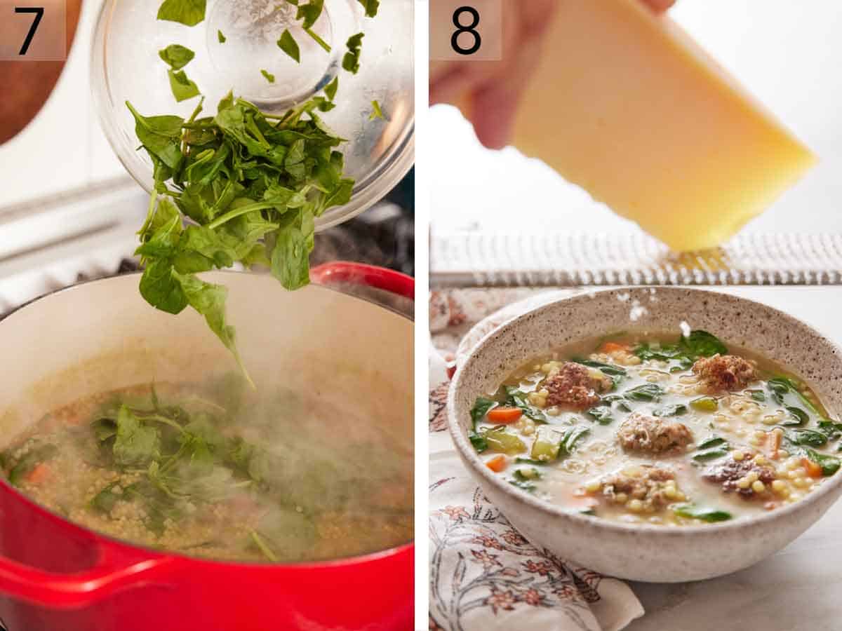 Set of two photos showing spinach added to a pot and then parmesan shaved over a plated bowl of Italian wedding soup.