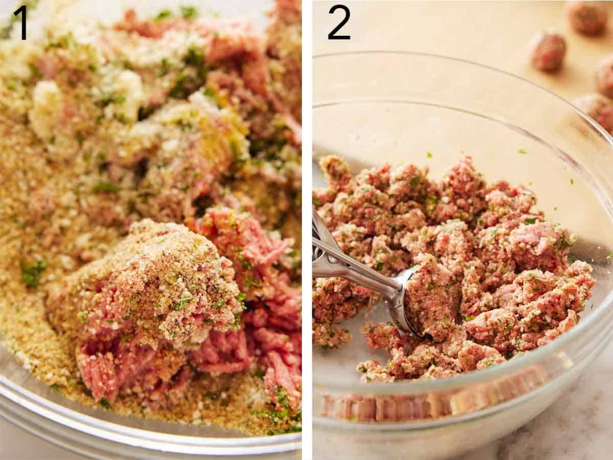 Set of two photos showing meatball ingredients mixed together in a bowl and scooped with a cookie scoop.