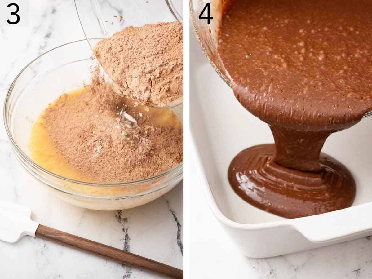 Set of two photos showing dry and wet ingredients combined and batter poured into a baking dish.
