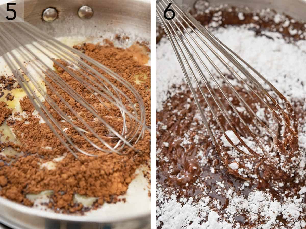 Set of two photos showing icing ingredients whisked in a pan.