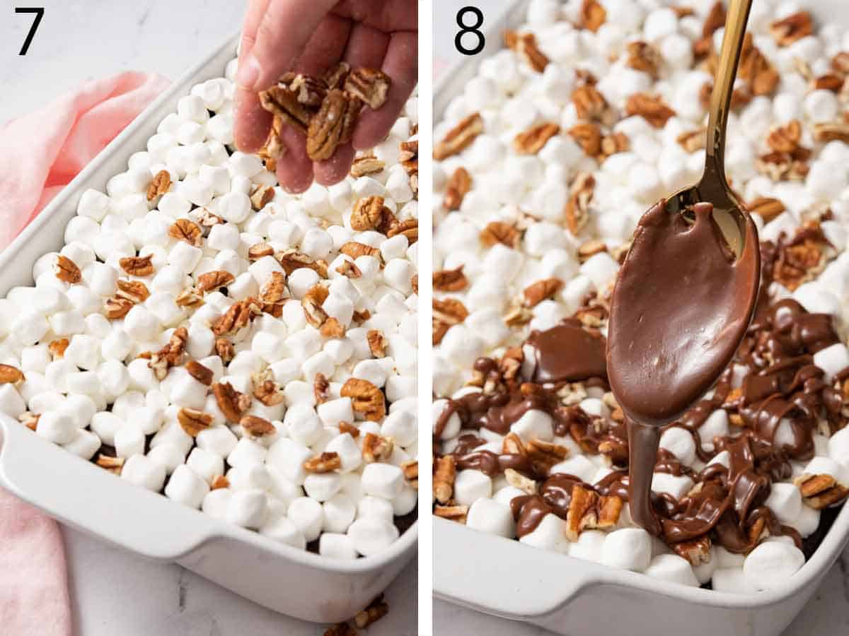 Set of two photos showing pecans and chocolate icing added to a layer of mini marashmallows.