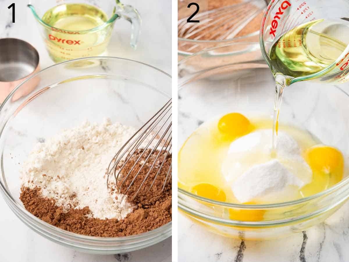 Set of two photos showing dry ingredients whisked together and oil added to eggs.