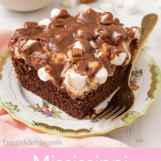 Pinterest graphic of a plate with a slice of Mississippi mud cake with a fork beside it.