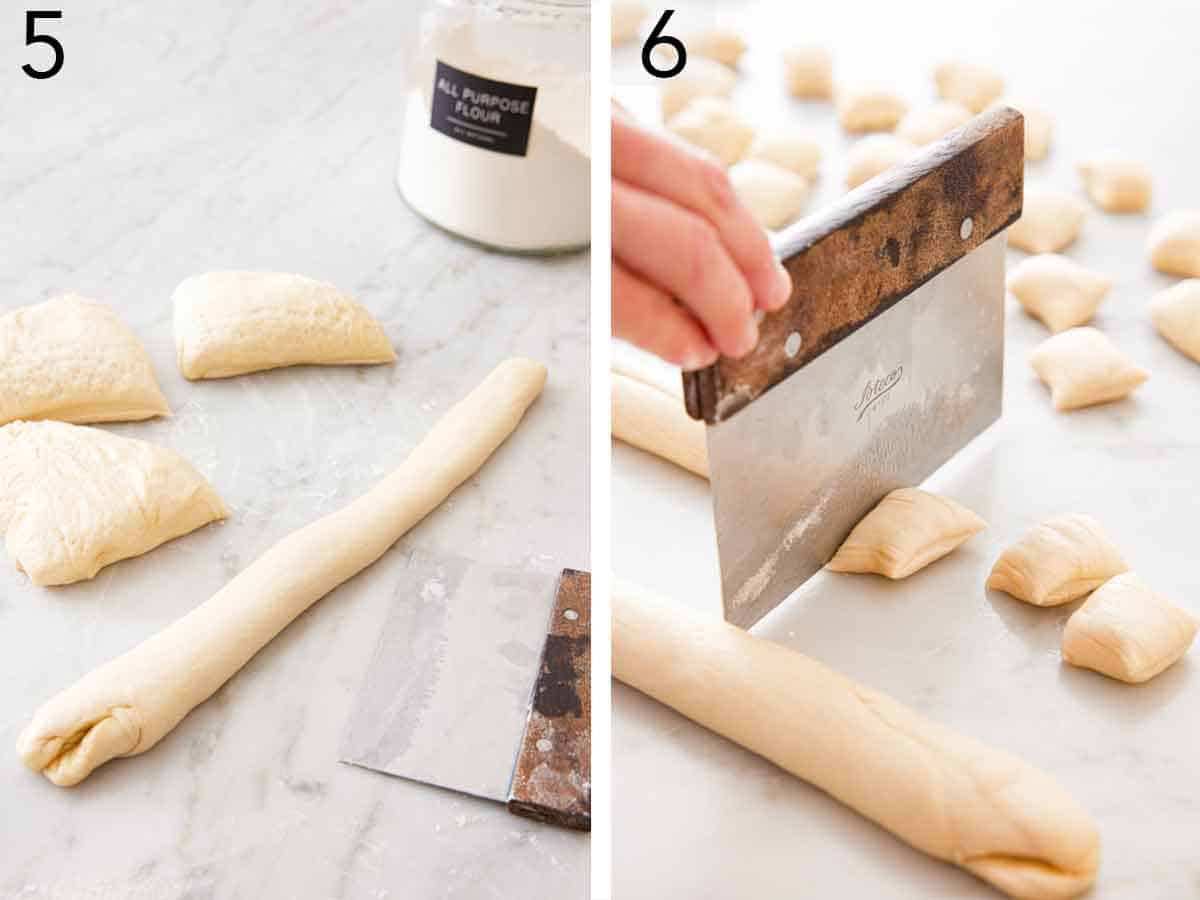 Set of two photos showing dough rolled into logs and cut into bite-sized pieces.