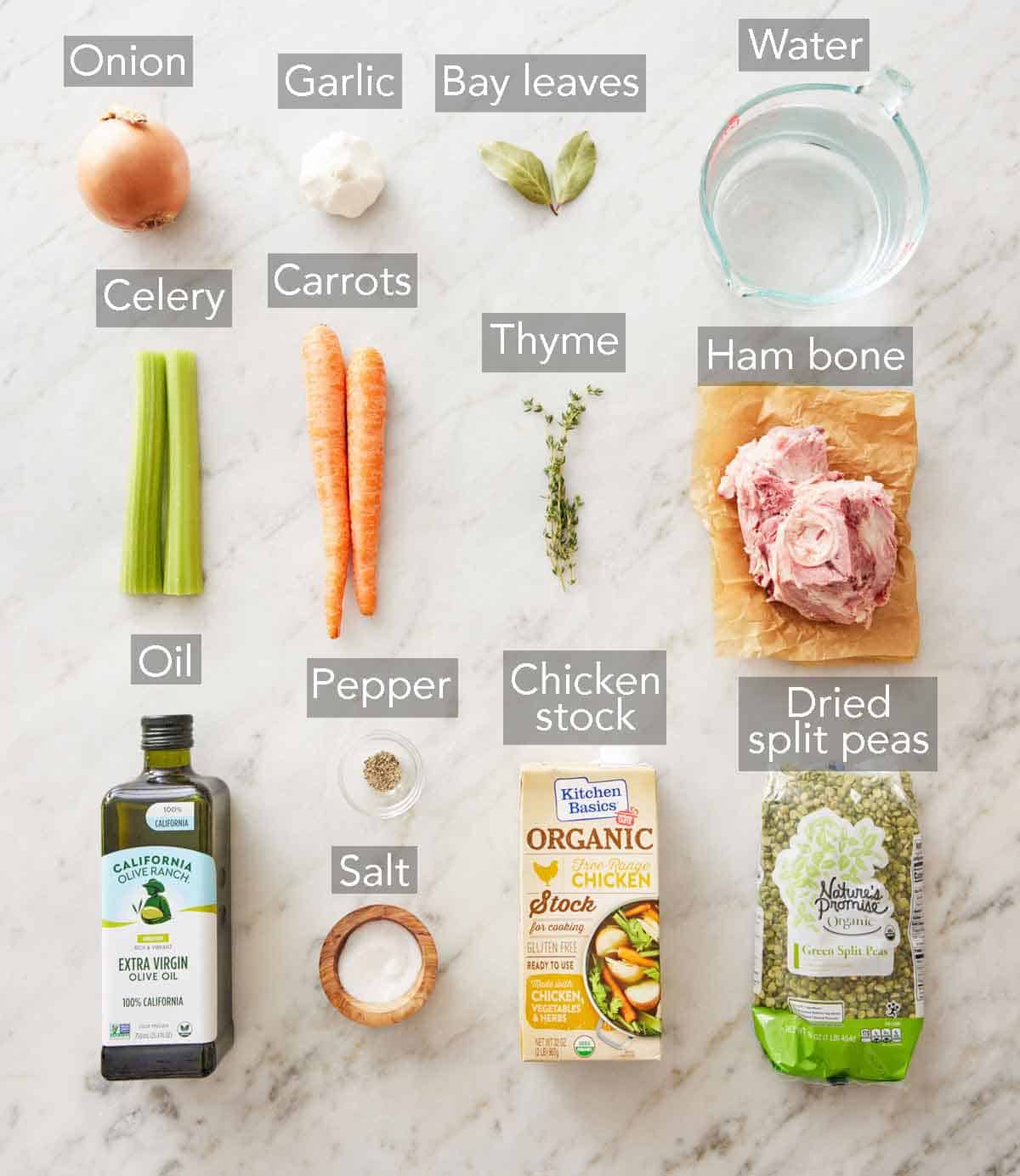 Ingredients needed to make split pea soup.