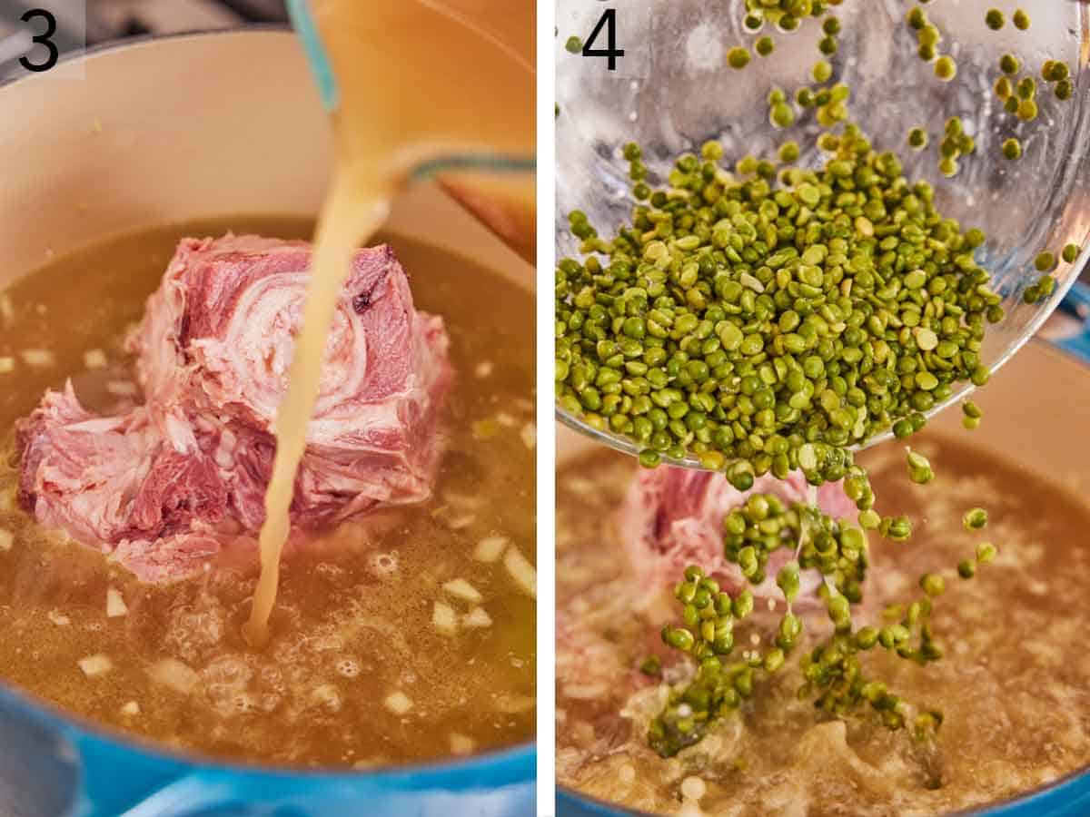 Set of two photos showing chicken stock and peas added to a pot.