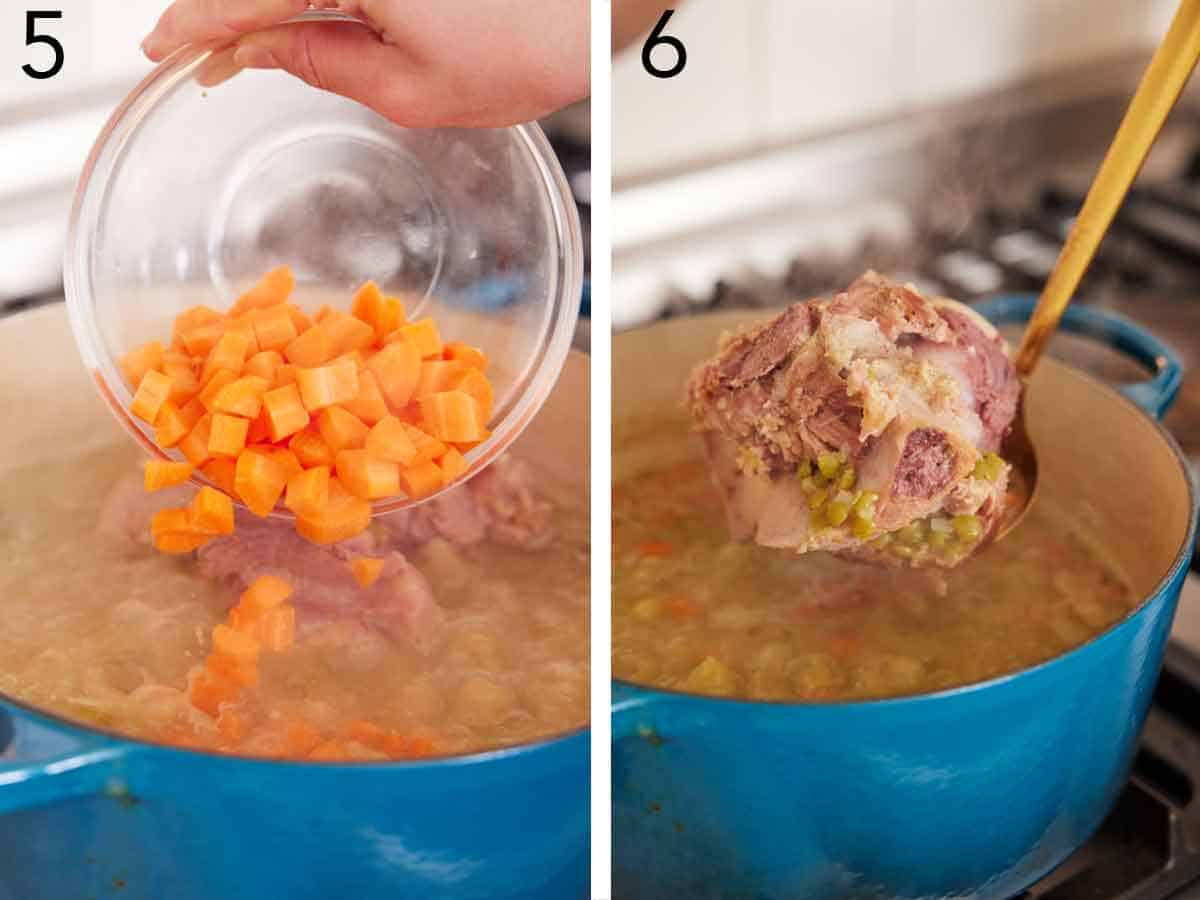 Set of two photos showing carrots added to a pot and cooked ham bone removed from the pot.