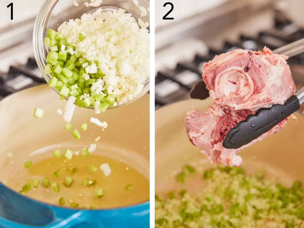 Set of two photos showing celery, onion, and ham bone added to a pot.
