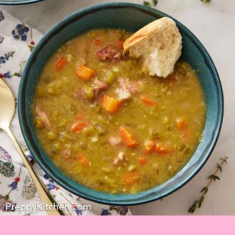 Pinterest graphic of an overhead view of a bowl of split pea soup with some bread tucked in.