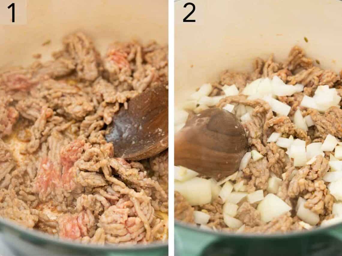 Set of two photos showing Italian sausage browned and onions added.