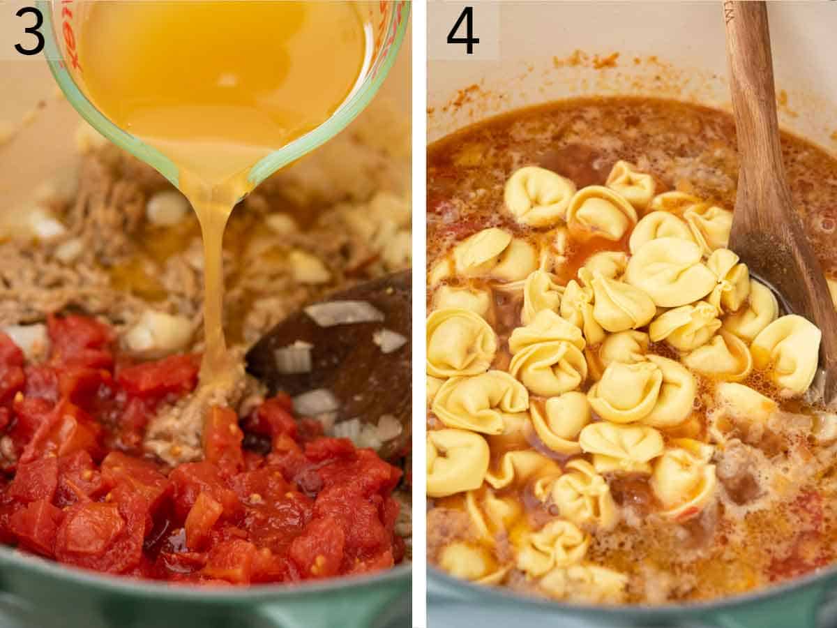 Set of two photos showing tomato, broth, and tortellini added to a pot.