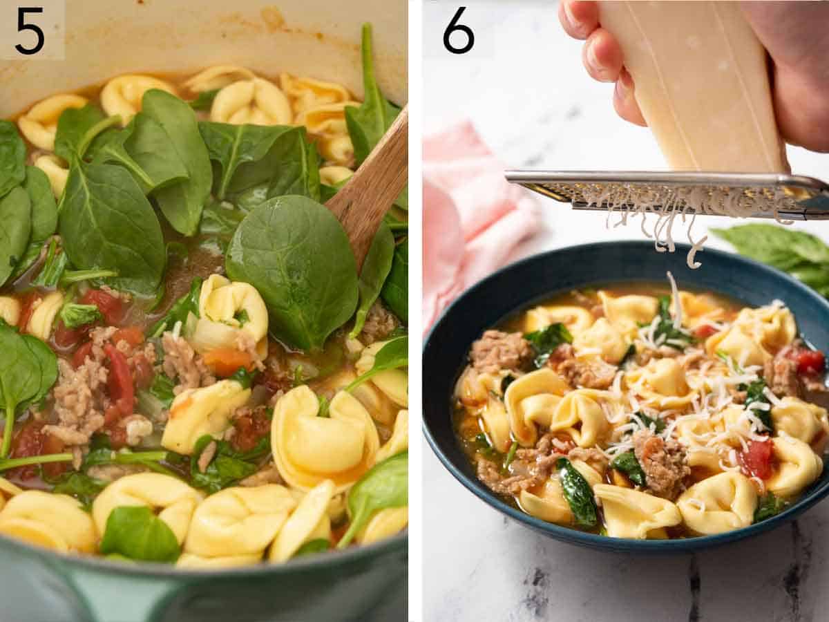 Set of two photos showing spinach stirred into a pot and parmesan cheese grated over a plated bowl.