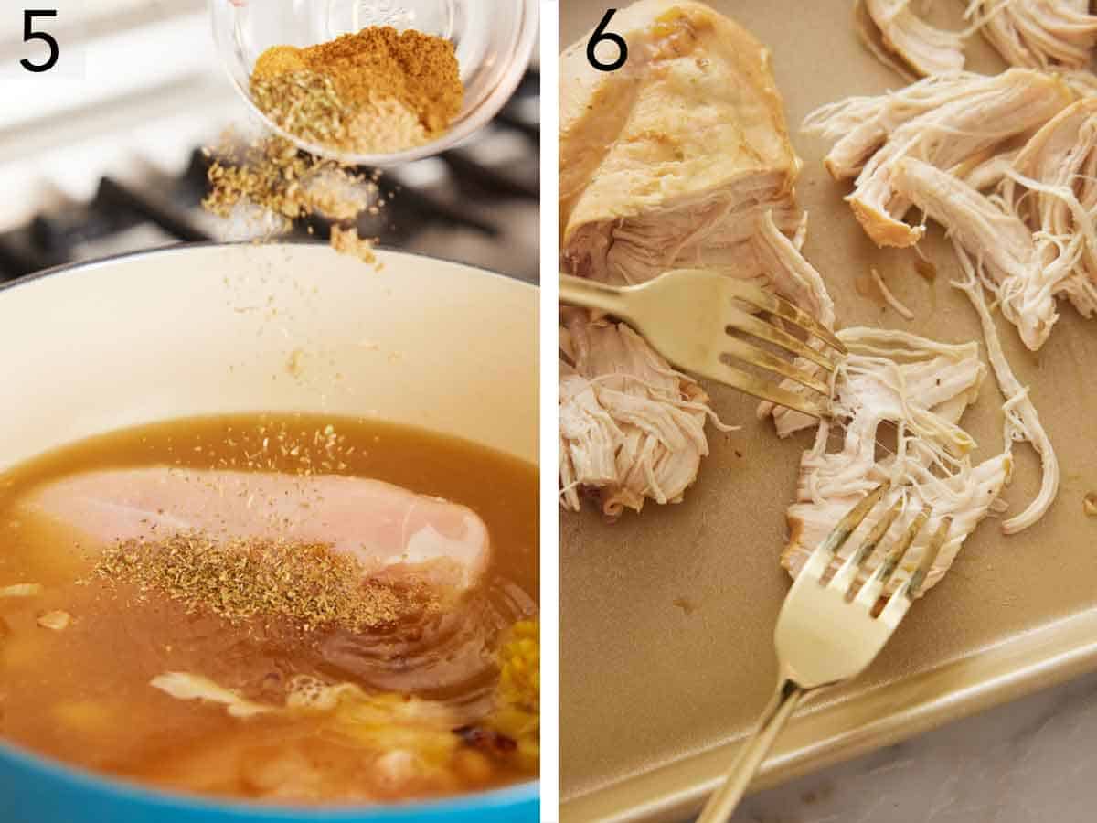 Set of two photos showing seasoning added to a pot and chicken breasts shredded with two forks.