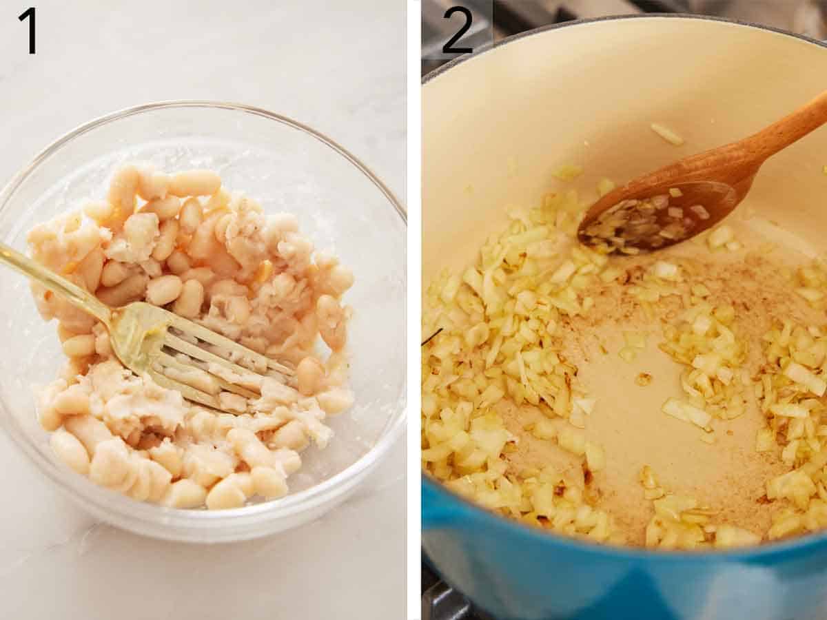 Set of two photos showing beans mashed with a fork and onions cooked in a pot.