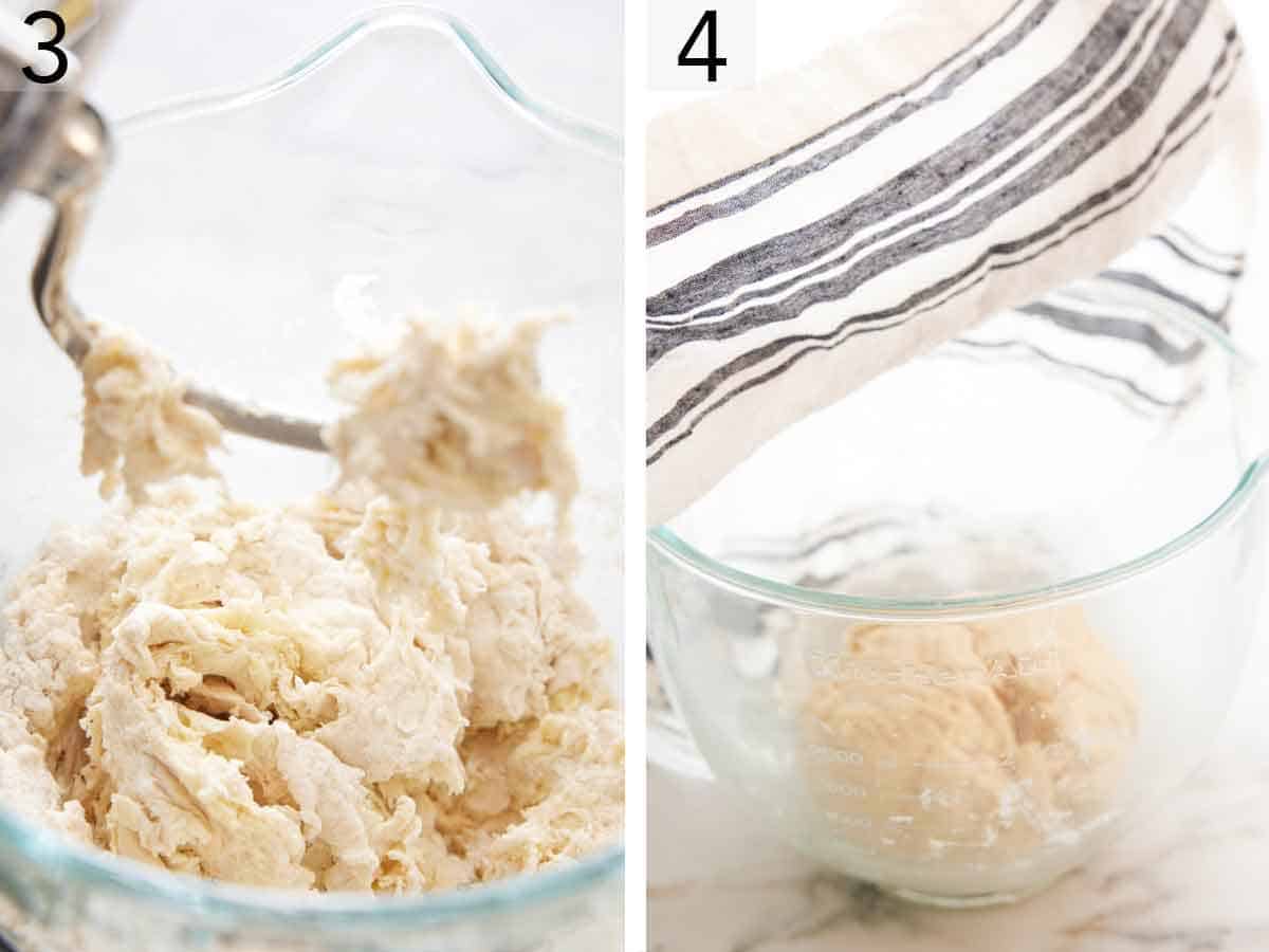 Set of two photos showing dough mixed together with a dough hook and set aside to rest.