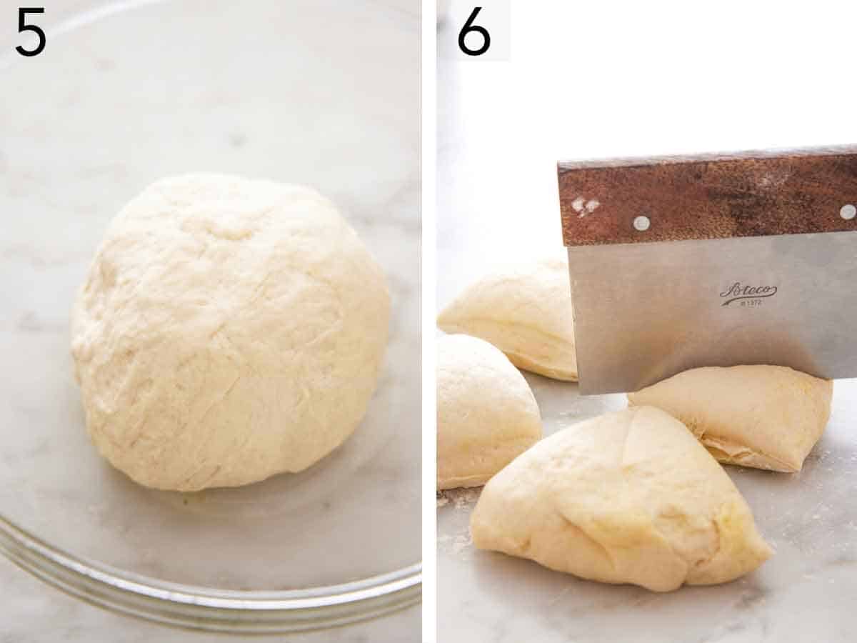 Set of two photos showing dough ball in a bowl then cut into smaller portions.