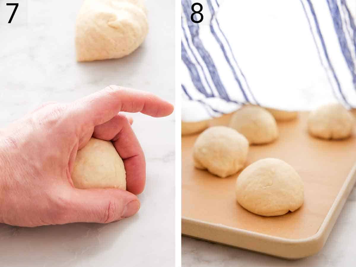 Set of two photos showing dough ball rolled into a ball and set to rest on a baking sheet.