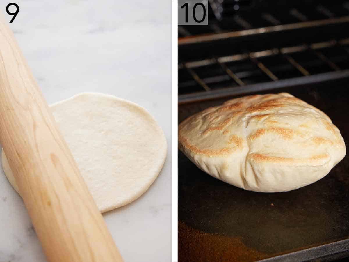 Set of two photos showing pita bread dough rolled out and baked in the oven.