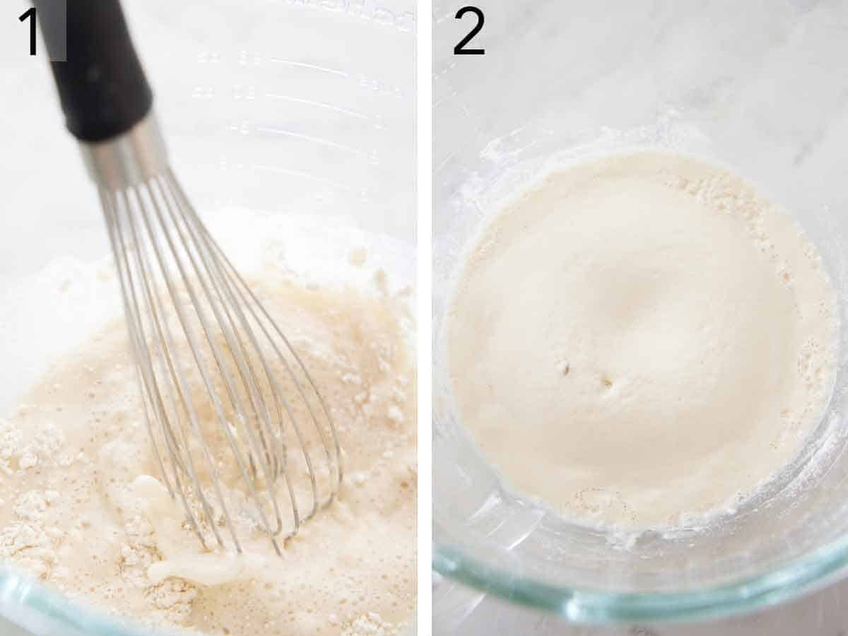 Set of two photos showing yeast mixture whisked together in a bowl.