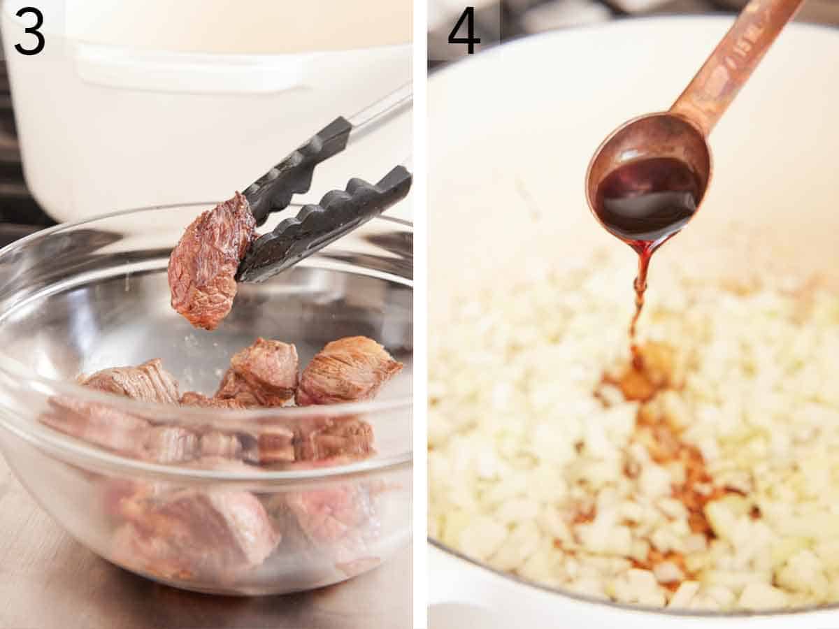 Set of two photos showing the seared chuck transferred to a bowl and balsamic vinegar added to onions in a pot.