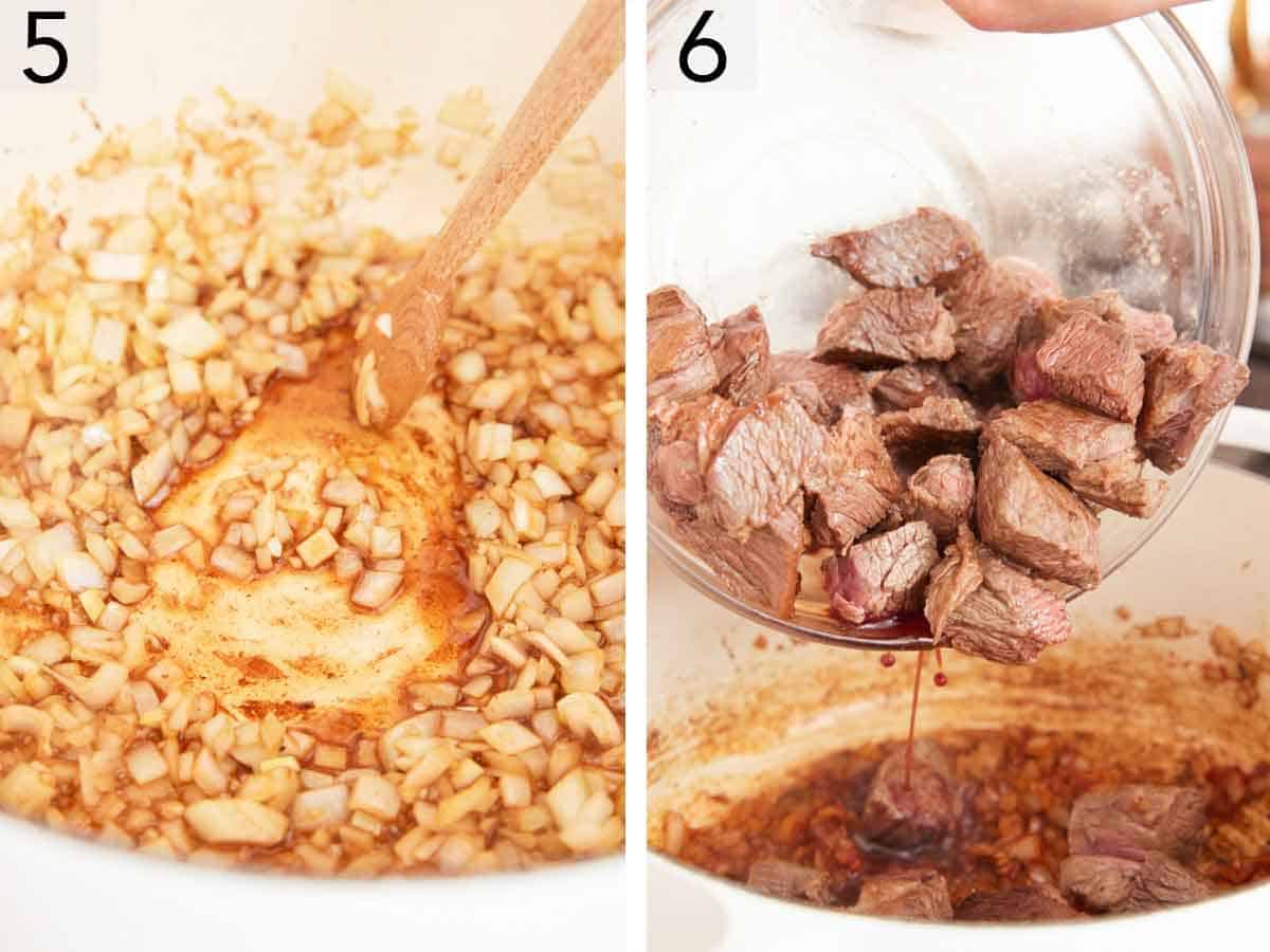 Set of two photos showing onions cooked and beef added back to the pot.