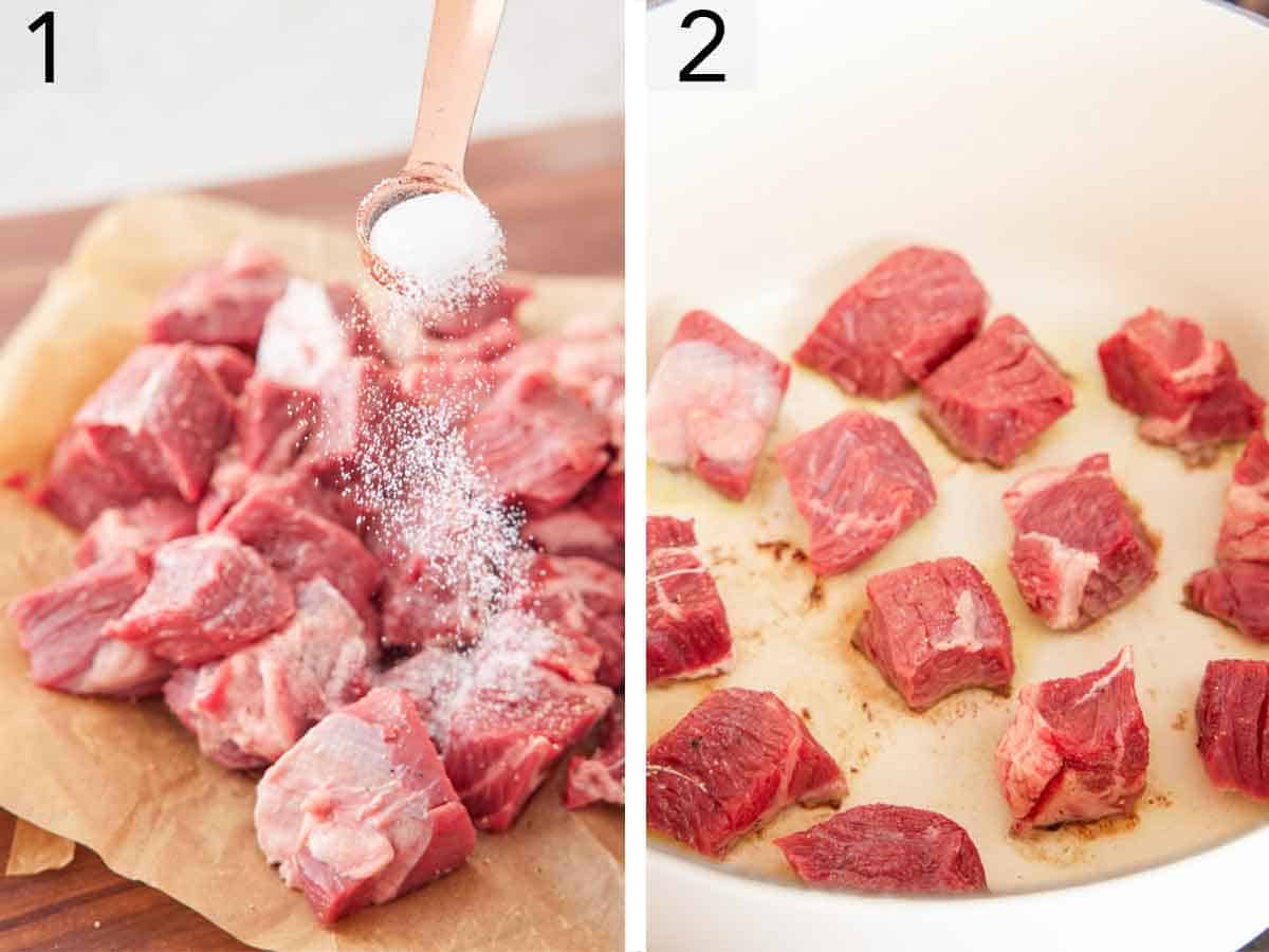 Set of two photos showing meat seasoned and browned in a pot.