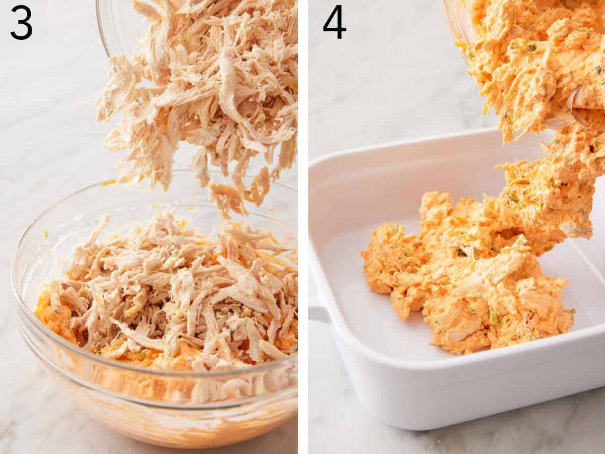 Set of two photos showing chicken stirred into the mixture and poured into a baking dish.