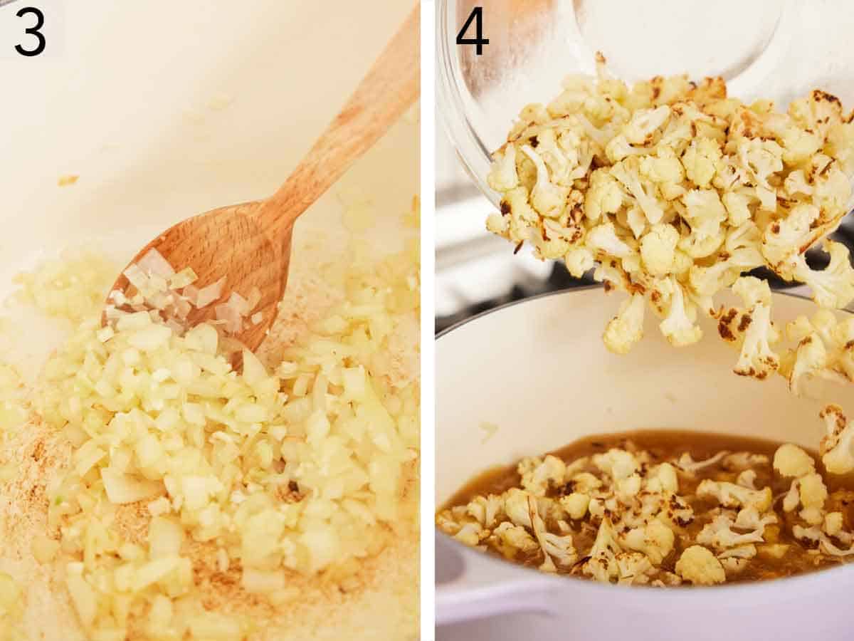 Set of two photos showing onions cooked in a pot and roasted cauliflower added.