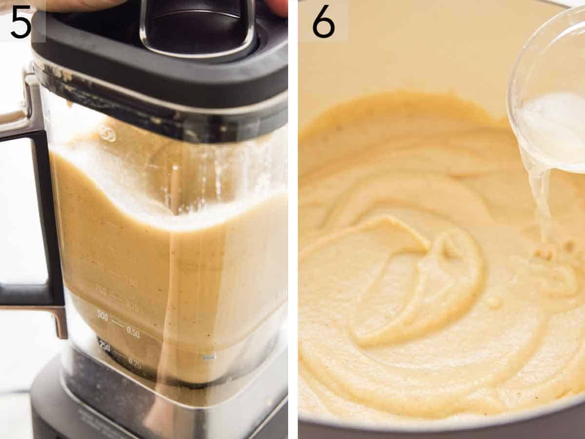 Set of two photos showing the mixture blended in a blender then lemon juice added to it after transferring back to a pot.