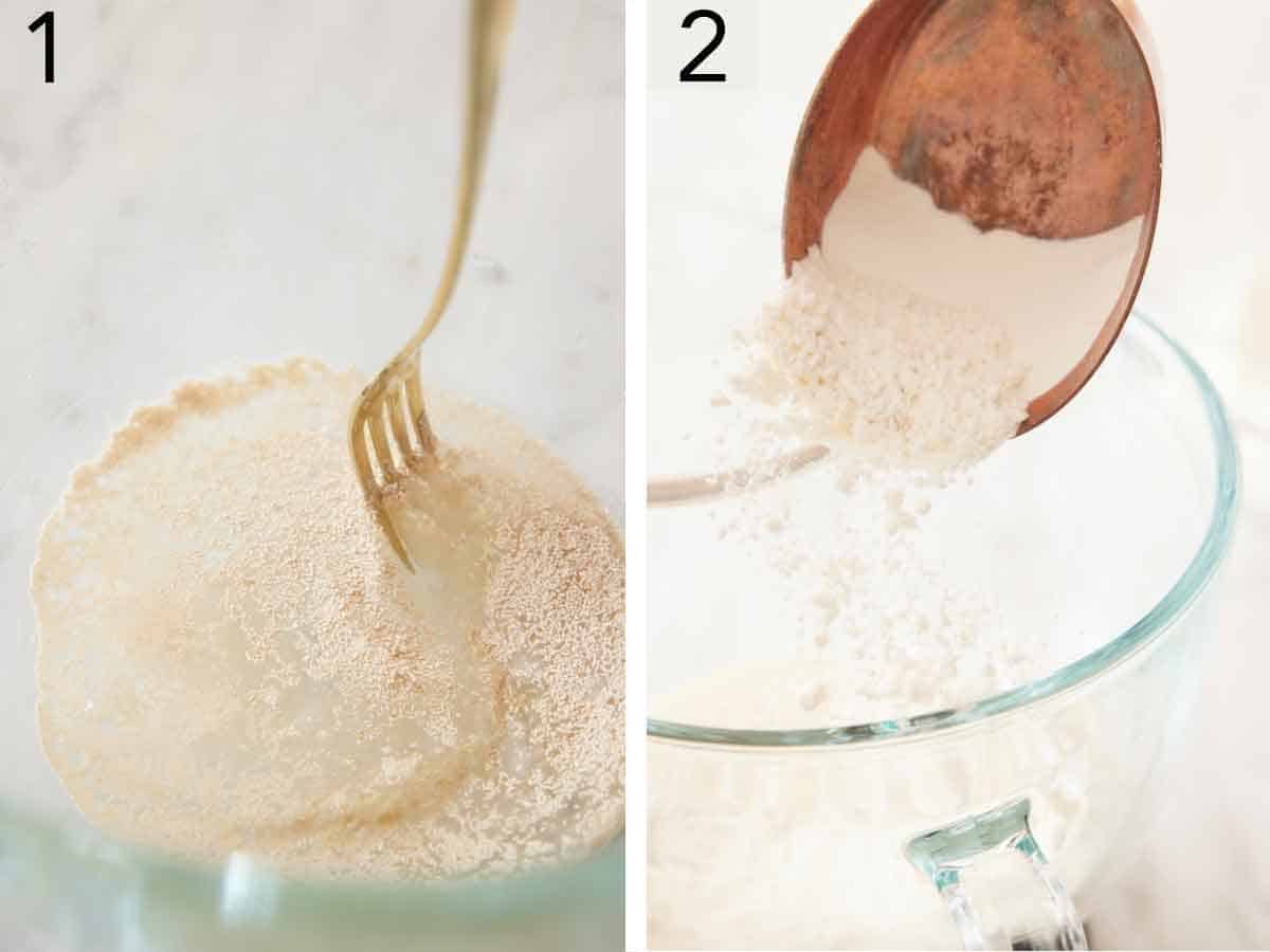 Set of two photos showing yeast mixture mixed in a bowl and flour added.