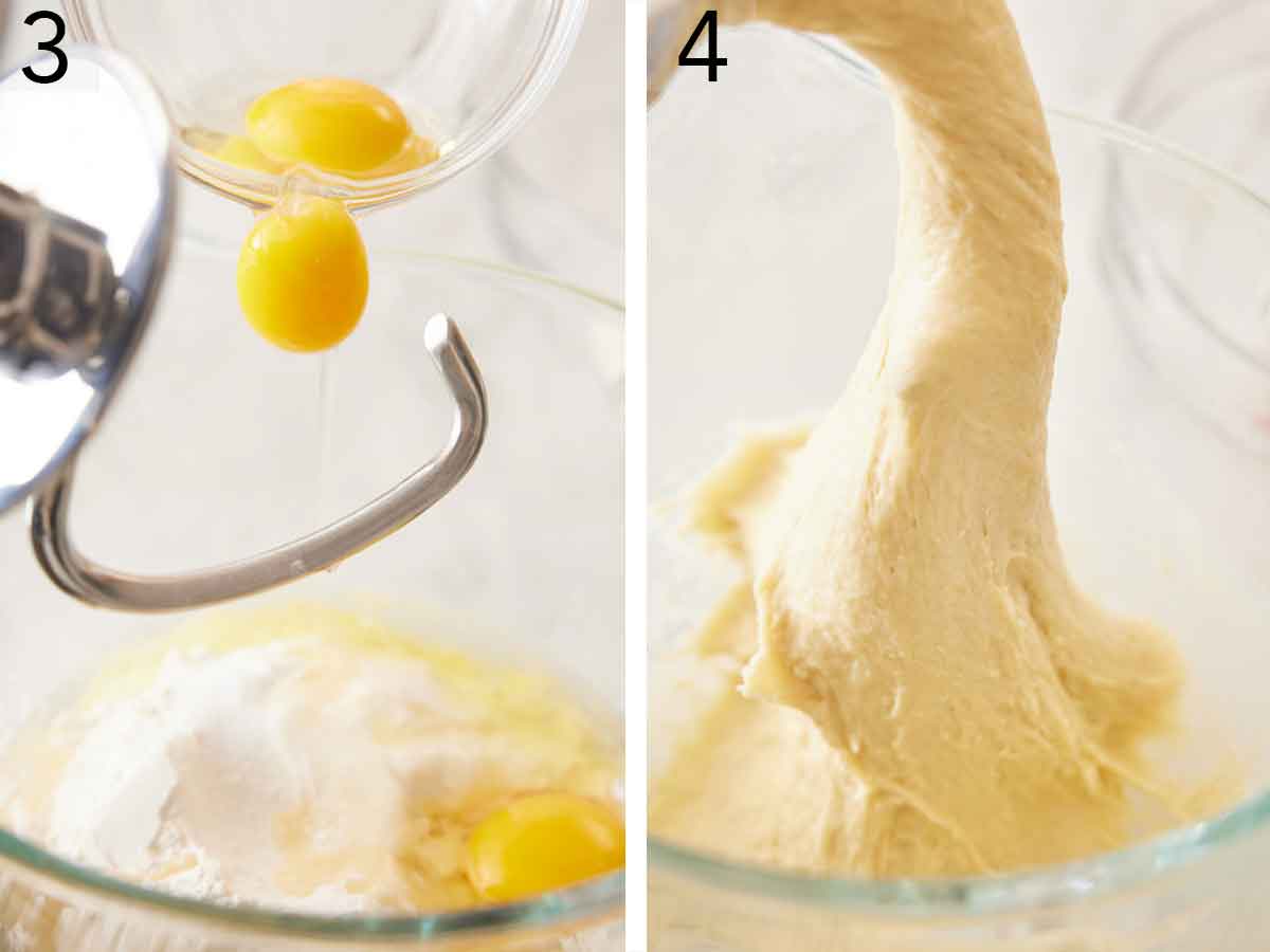 Set of two photos showing eggs added to a mixing dough and dough being lifted with the dough hook.