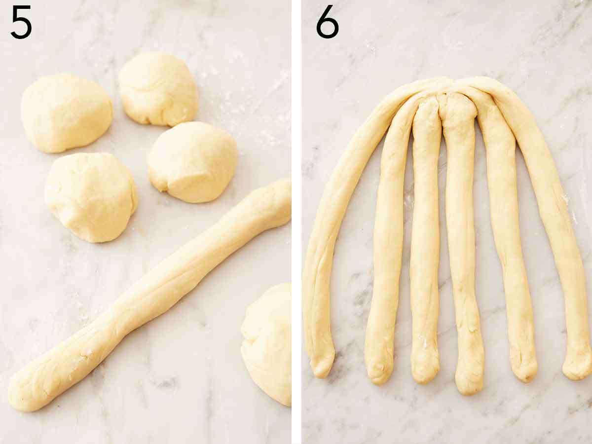 Set of two photos showing dough balls with one rolled into a log then all six logs connected at the top.