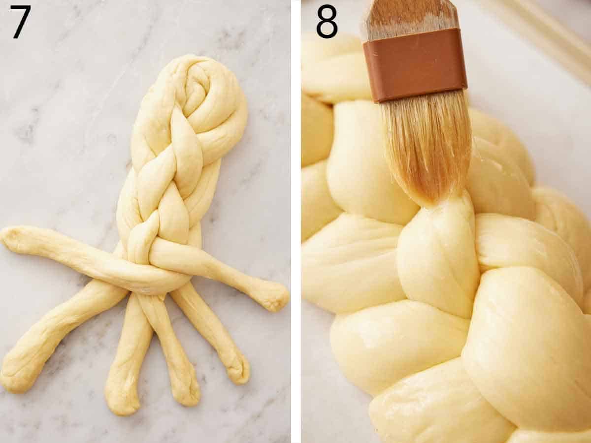 Set of two photos showing dough braided and brushed with egg whites.