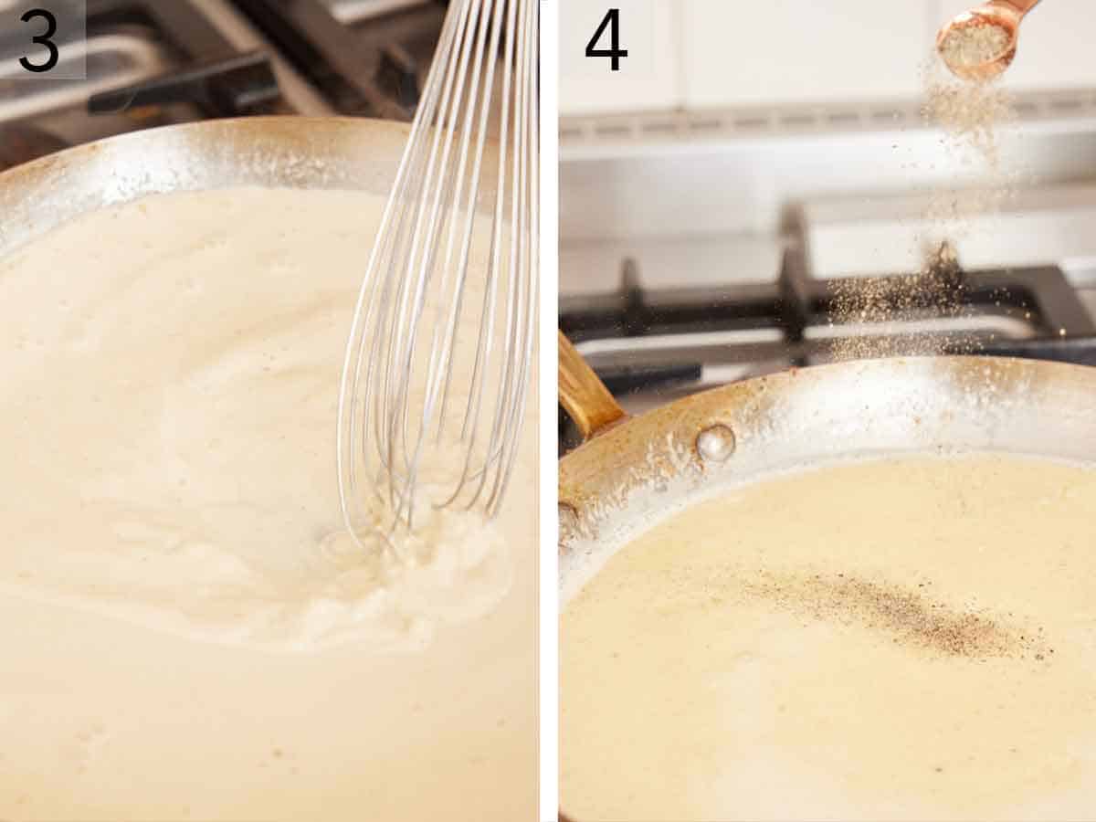 Set of two photos showing sauce in a skillet whisked and black pepper added.