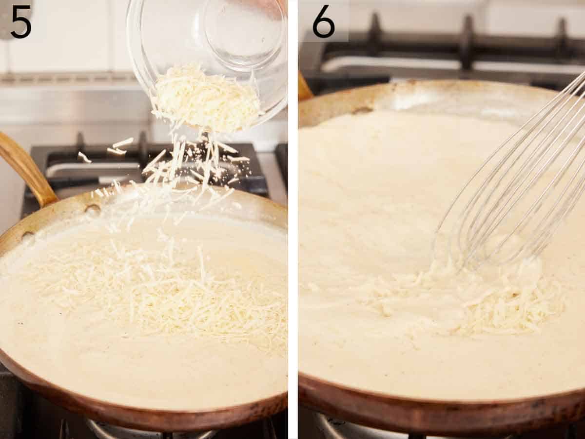 Set of two photos showing shredded cheese added to the sauce in the skillet and whisked.
